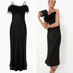 SLEEPER Boheme Satin Midi Slip Dress Ostrich Feather Trim Black Small‎